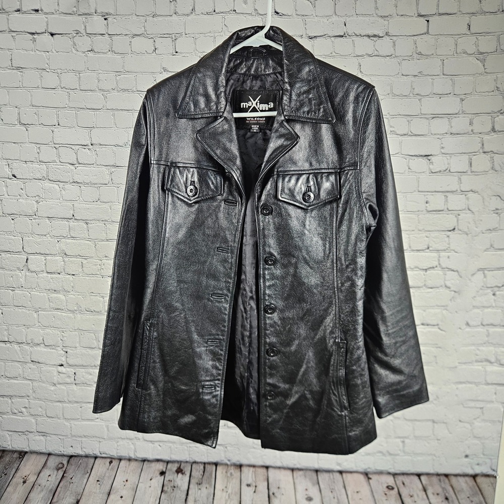 Wilsons Leather Maxima Black Leather Jacket Womens Medium Button Front Coat